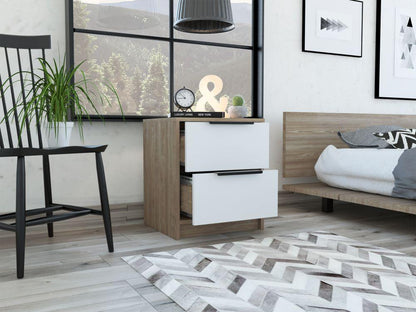 Table de chevet Wesley, couleur miel et blanc, avec deux tiroirs de rangement