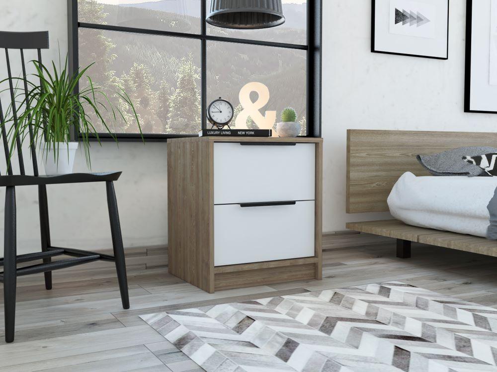 Table de chevet Wesley, couleur miel et blanc, avec deux tiroirs de rangement