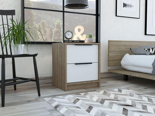 Table de chevet Wesley, couleur miel et blanc, avec deux tiroirs de rangement