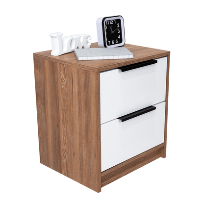 Table de chevet Wesley, couleur miel et blanc, avec deux tiroirs de rangement